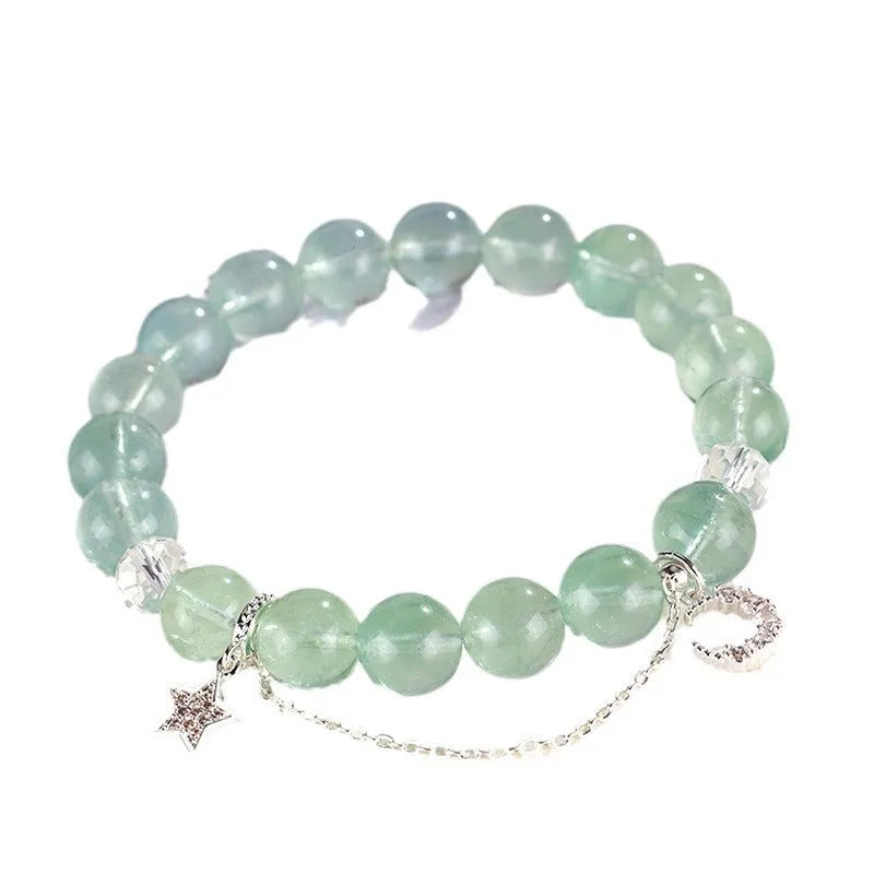 Green fluorite star moon princess bracelet with white crystals and electroplated metal