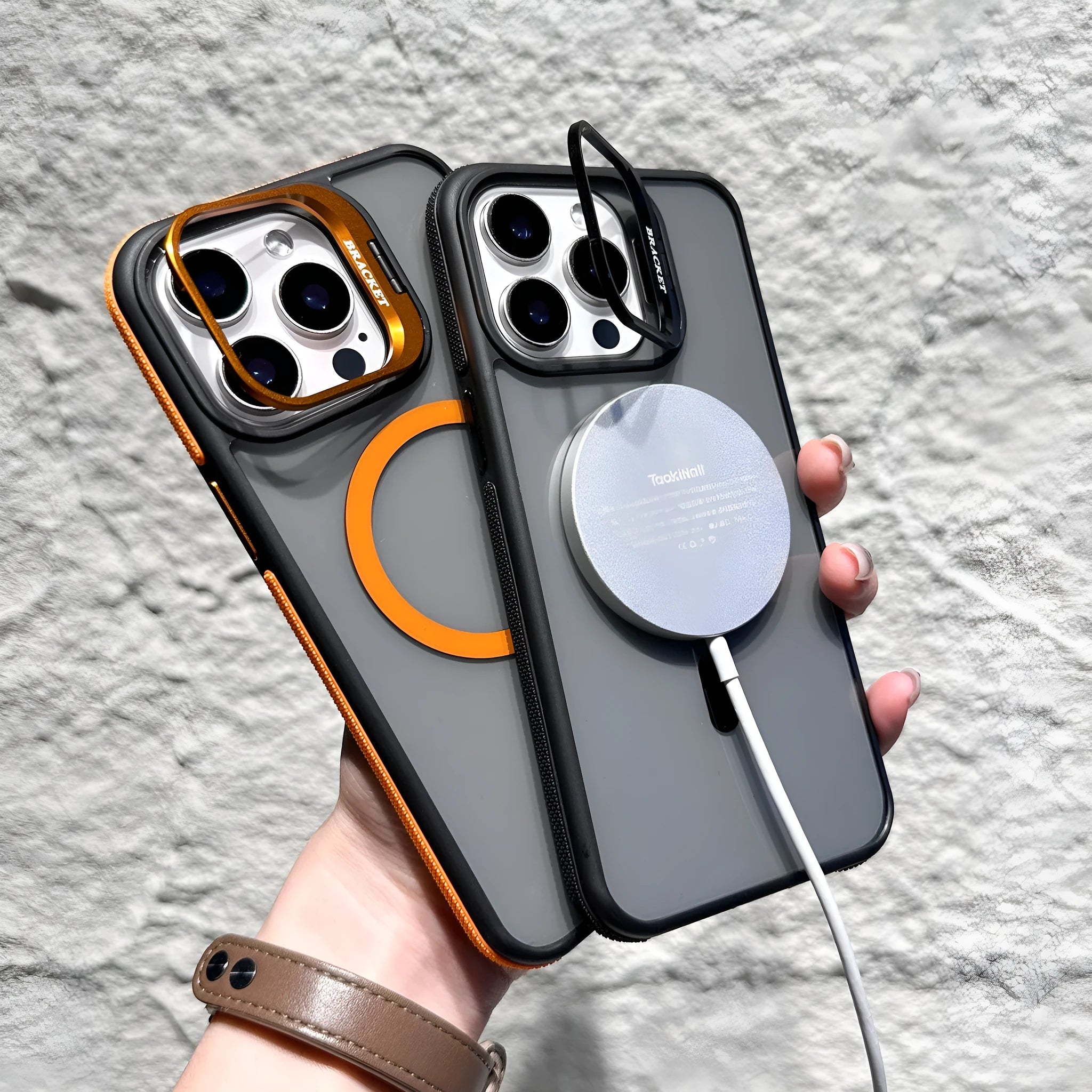 Non-slip transparent magnetic bracket phone case for iPhone showing hidden stand and anti-fingerprint finish