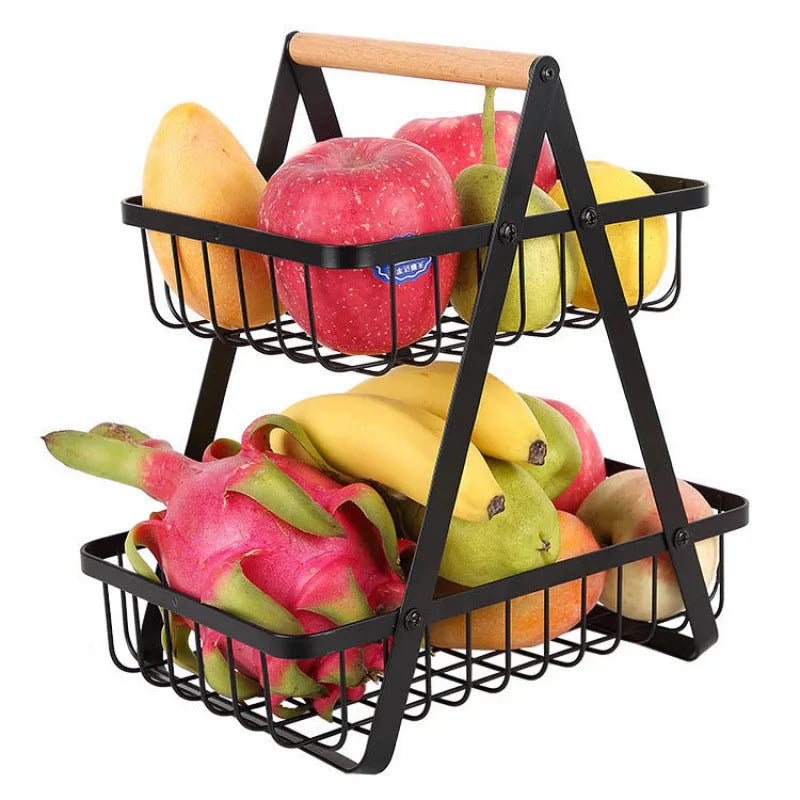 Black iron double-layer fruit basket with wooden handle, shown detached into two separate baskets