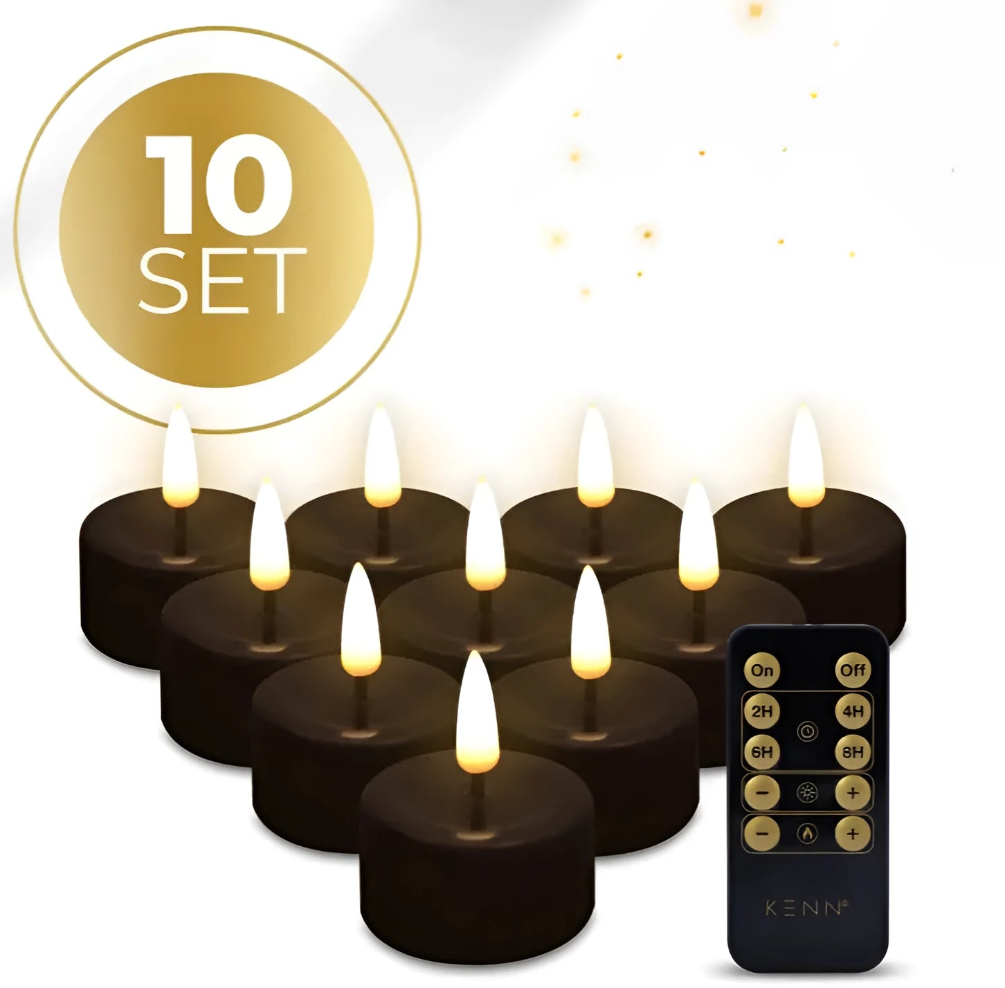 Set of four black plastic LED tealight candles showing flickering light effect.
