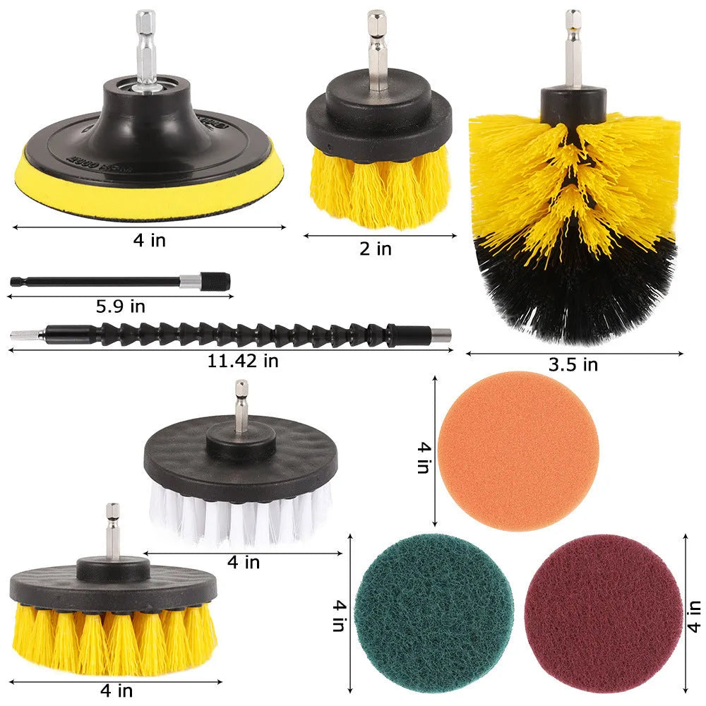 Electric drill brush set with flat, corner and dome brushes in various colours and sizes for cleaning floors, tiles and car tires.