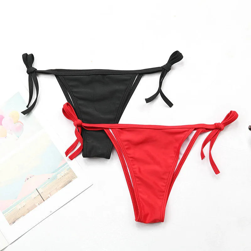 Ladies two-piece bikini swimwear set in polyester and spandex, available in black or red, sizes S M L