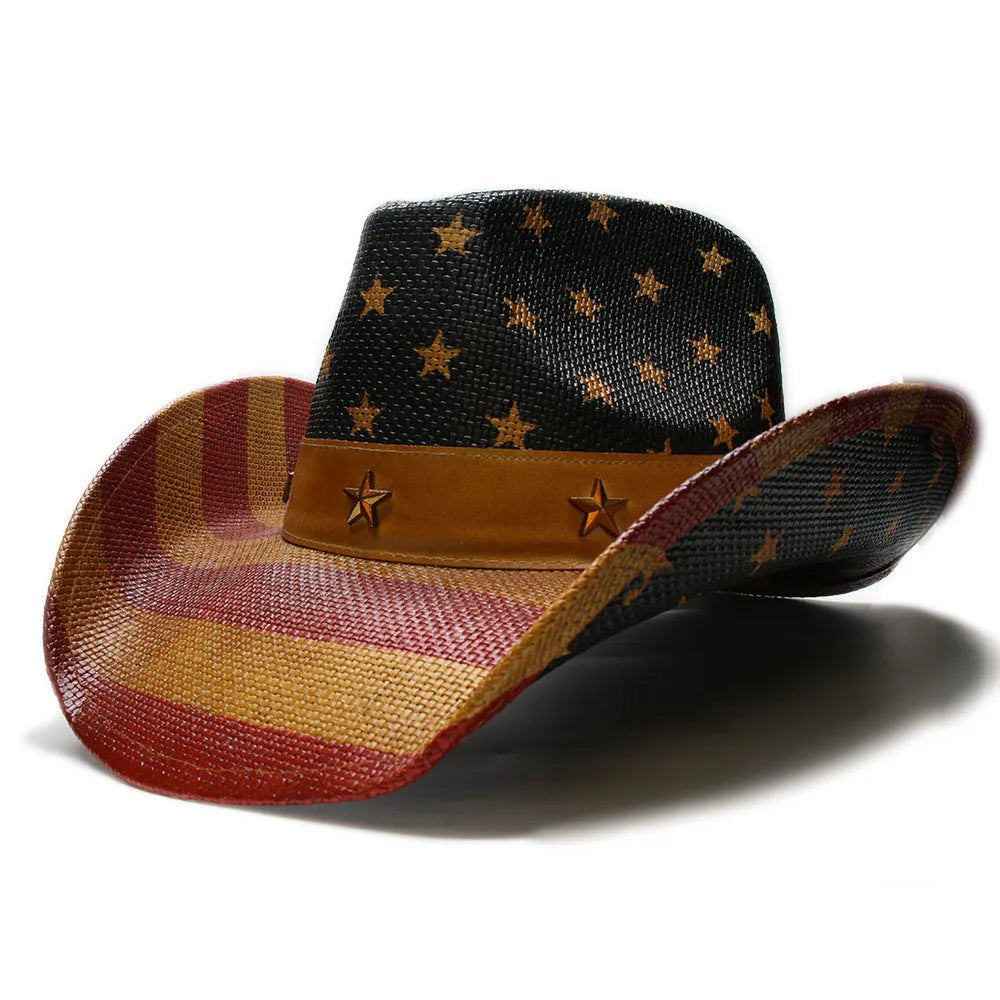 Cowboy sun hat in grey with curling brim and high-top design, made of woven grass