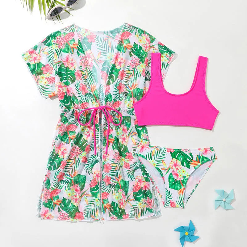 Girls floral two-piece polyester swimsuit for swimming, sizes 130cm to 160cm.