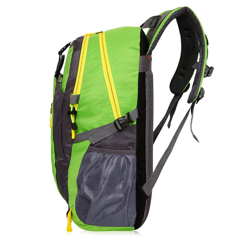 Oxford travel backpack for mountaineering 36-55L in green, plain pattern, side view