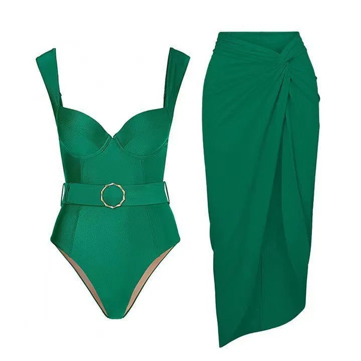 Women's one-piece swimsuit with gauze skirt in multiple shoulder strap styles including double shoulder and oblique shoulder designs