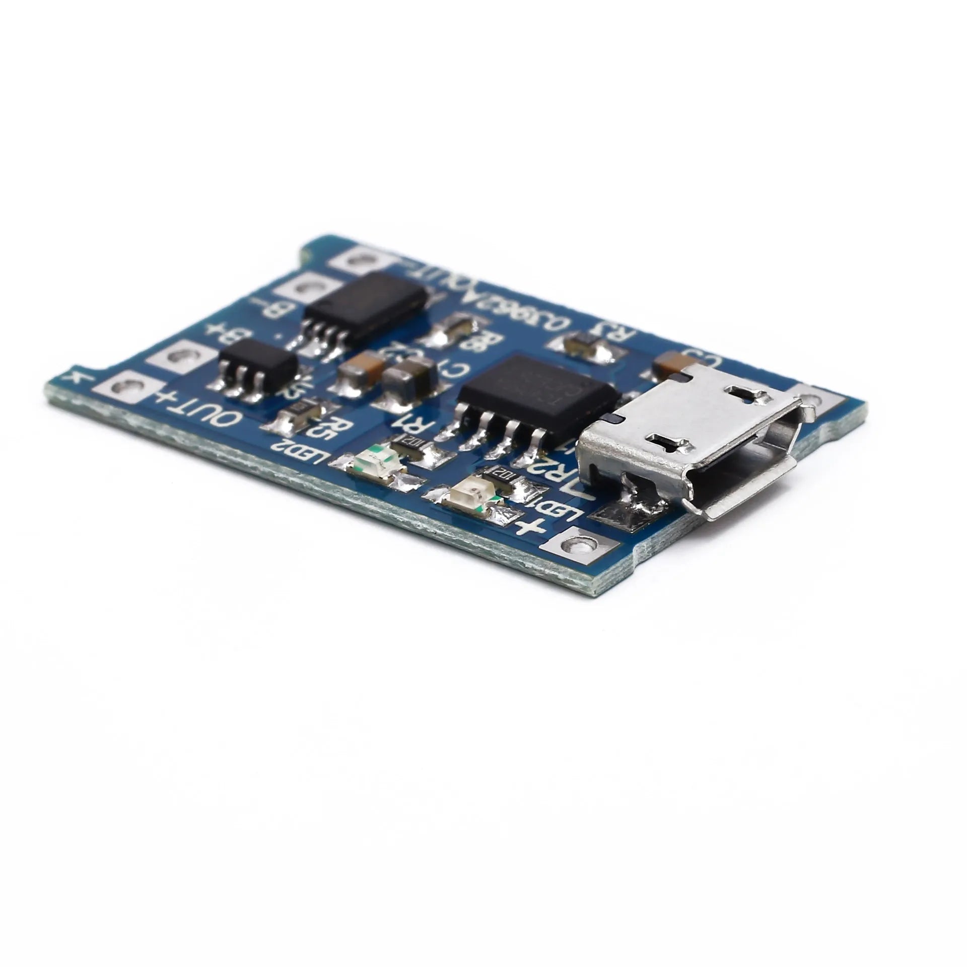 Small blue PCB for lithium battery charging and protection, showing solder pads for input, battery, and output.