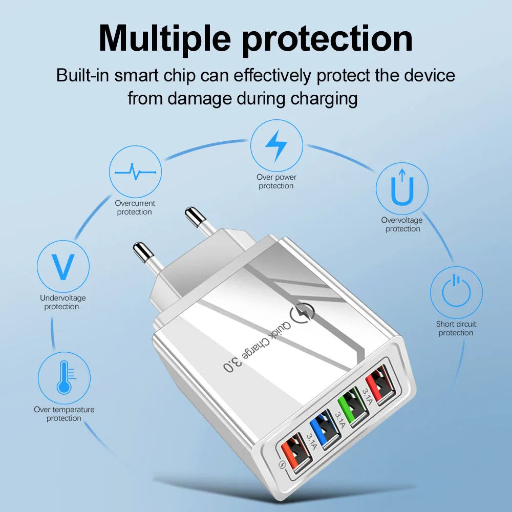 Four-port USB wall charger with international plug options in black, blue, red, orange, and grey colour variations