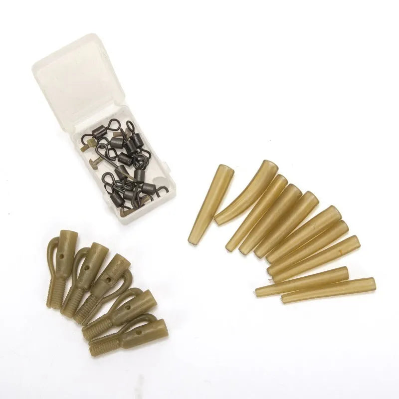 30 piece European carp fishing accessory set with anti-winding tubes, threaded hoses, rotation devices, and screws