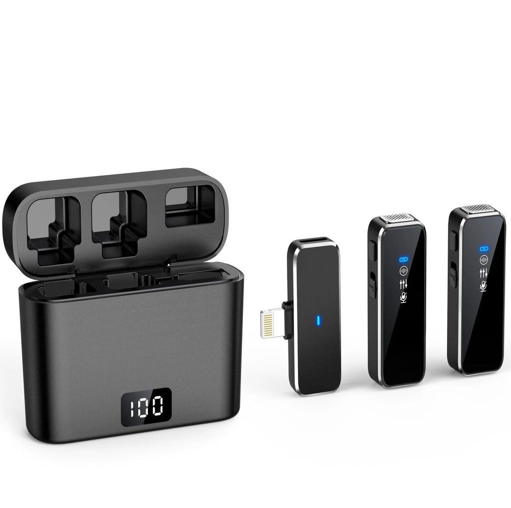 Wireless collar clip microphone with noise reduction, compact 7.7x6.2x2.7 cm, omni-directional pickup, USB 5V input