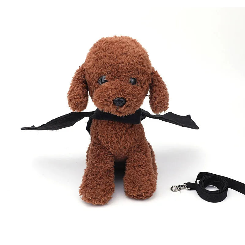 Black polyester bat wings pet costume accessory shown on dog with chest and back attachment