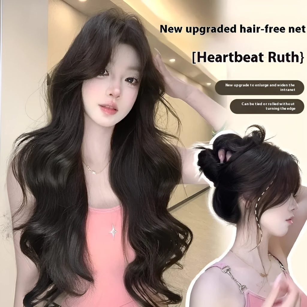 Seamless ultra-thin breathable 65cm big wave natural black wig for ladies, high-temperature fiber hair replacement