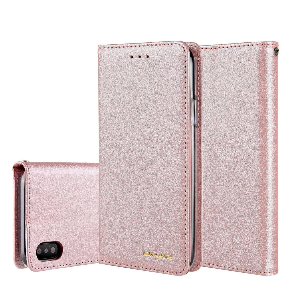 Apple iPhone flip wallet case in PU leather with card slot, shown in multiple colours.