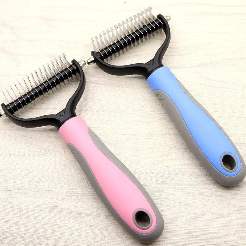 Pet long-haired dog knot comb double-sided blade dematting tool with stainless steel needles ABS TPR handle blue and pink colour options