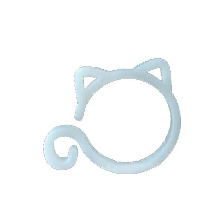 Colourful cat-shaped plastic clip for plants, shown in red, yellow, green, and white options.