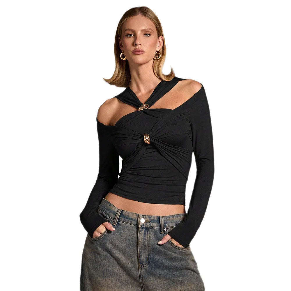 Black women's slim fit halter top with long sleeves, shown on a model.