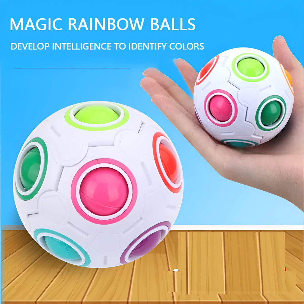 Rainbow coloured ball puzzle with moveable pieces inside a clear plastic sphere.