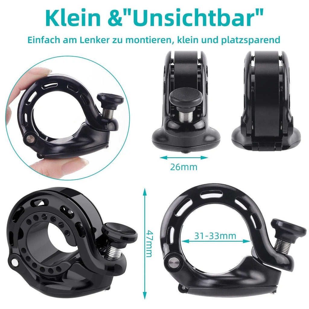 Black aluminium alloy bicycle anti-theft bell with thumb lever on handlebar, showing mounting gaskets and wrench