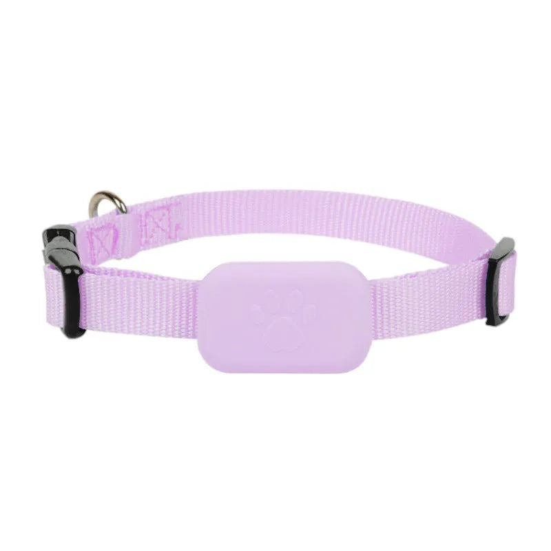 Black Bluetooth pet tracking collar for a cat or puppy, showing adjustable buckle and electronic device.
