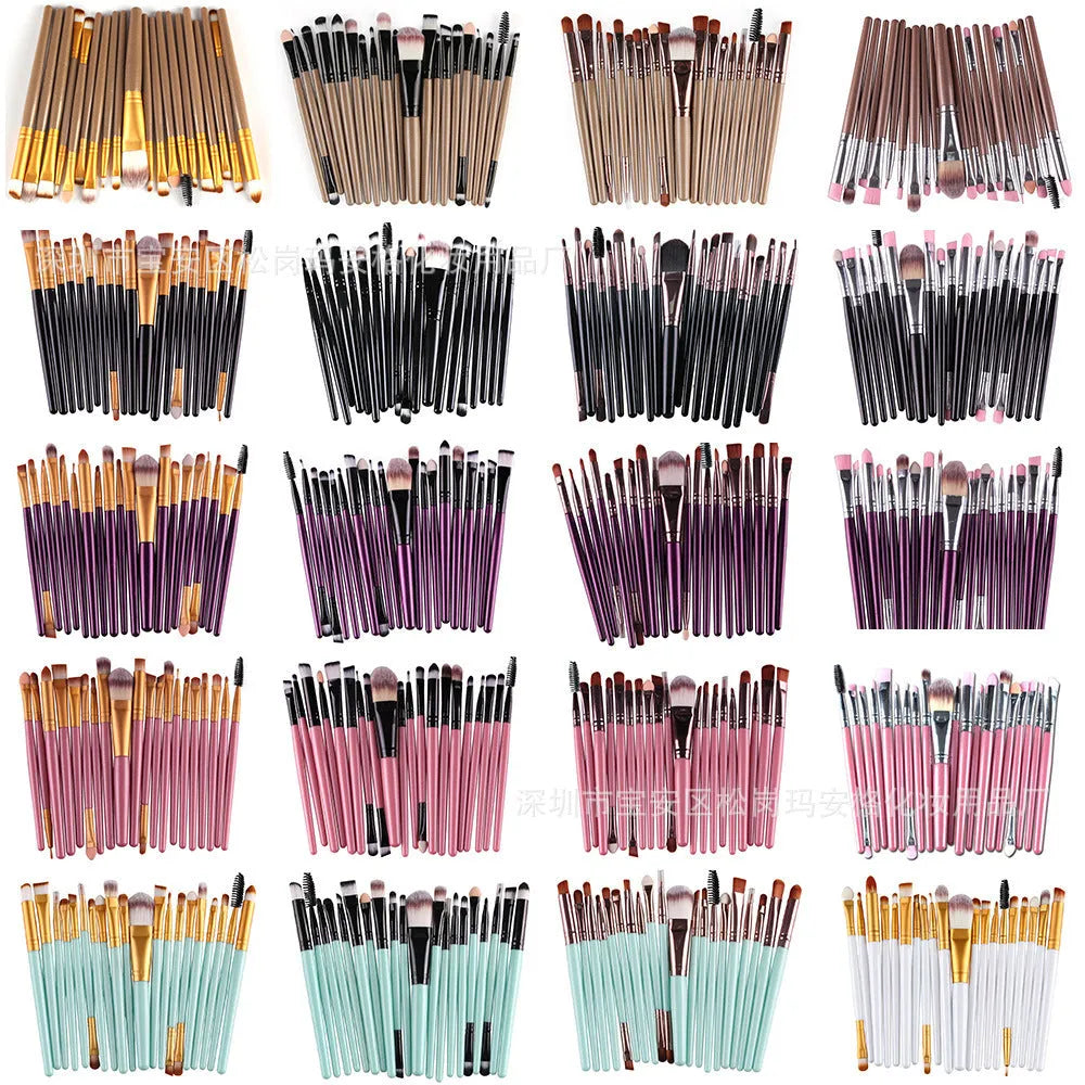 Cosmetic brush kit with nylon bristles and plastic handles, 14cm total length, multiple colour options including black and gold