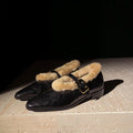 Women's sheepskin ankle-strap shoes with full-grain sheepskin upper, pointed toe and viscose sole in dark brown