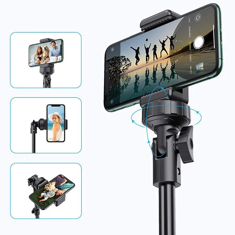 Black aluminium alloy selfie stick tripod with 5 sections collapsed to 45cm height with smartphone clamp