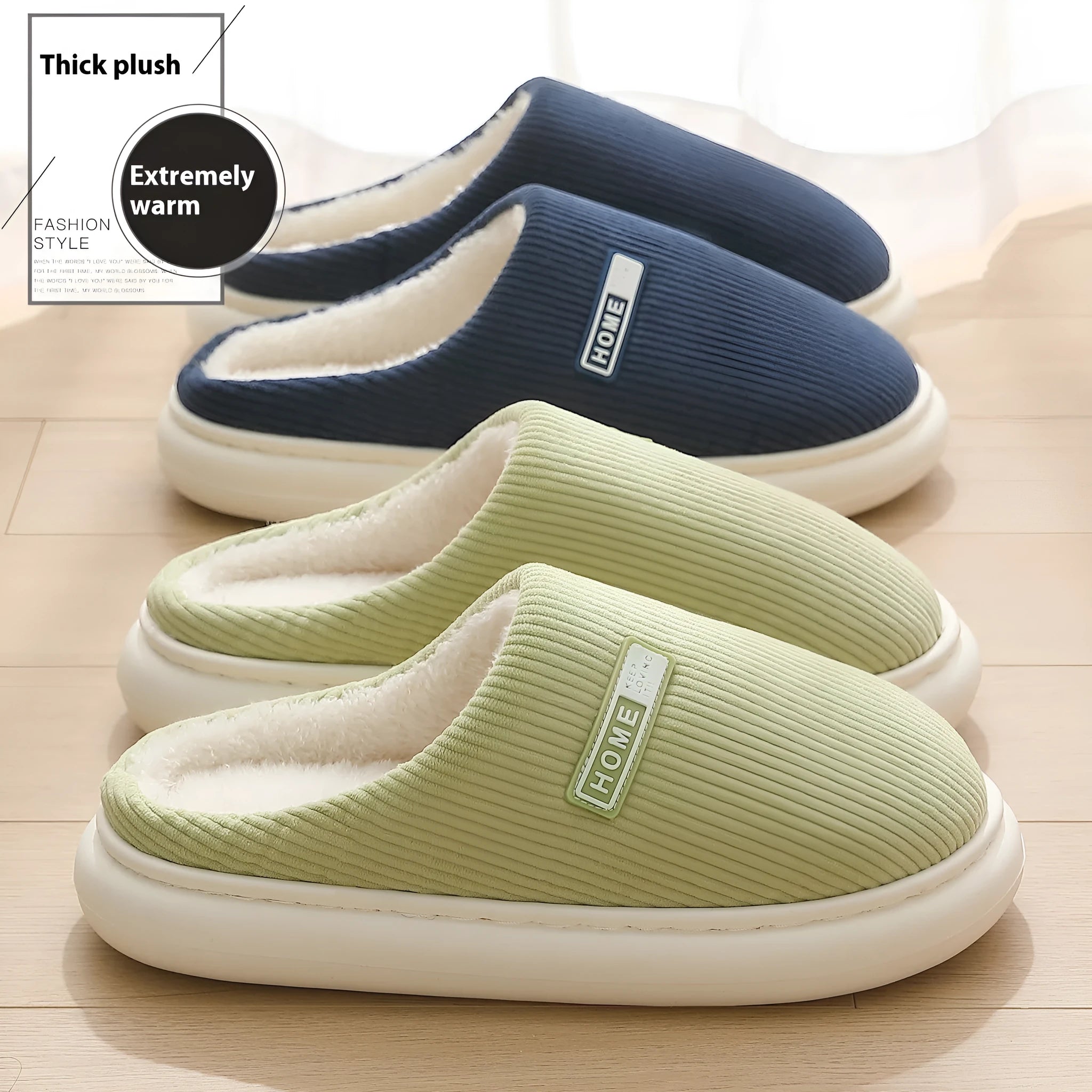 Plush non-slip cotton slippers with striped pattern and EVA sole in gray, green, pink, dark blue, and white