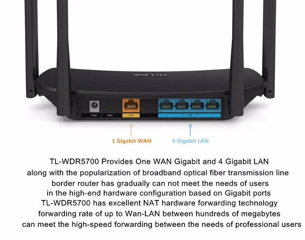 TP-LINK TL-WDR5620 dual band wireless router with 1200Mbps, 4 LAN ports, shown in white and black