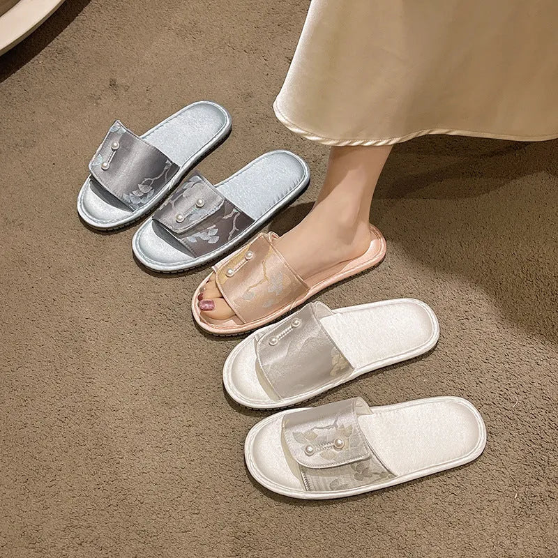 Casual soft bottom slippers in blue with non-slip TPR sole for women, side view