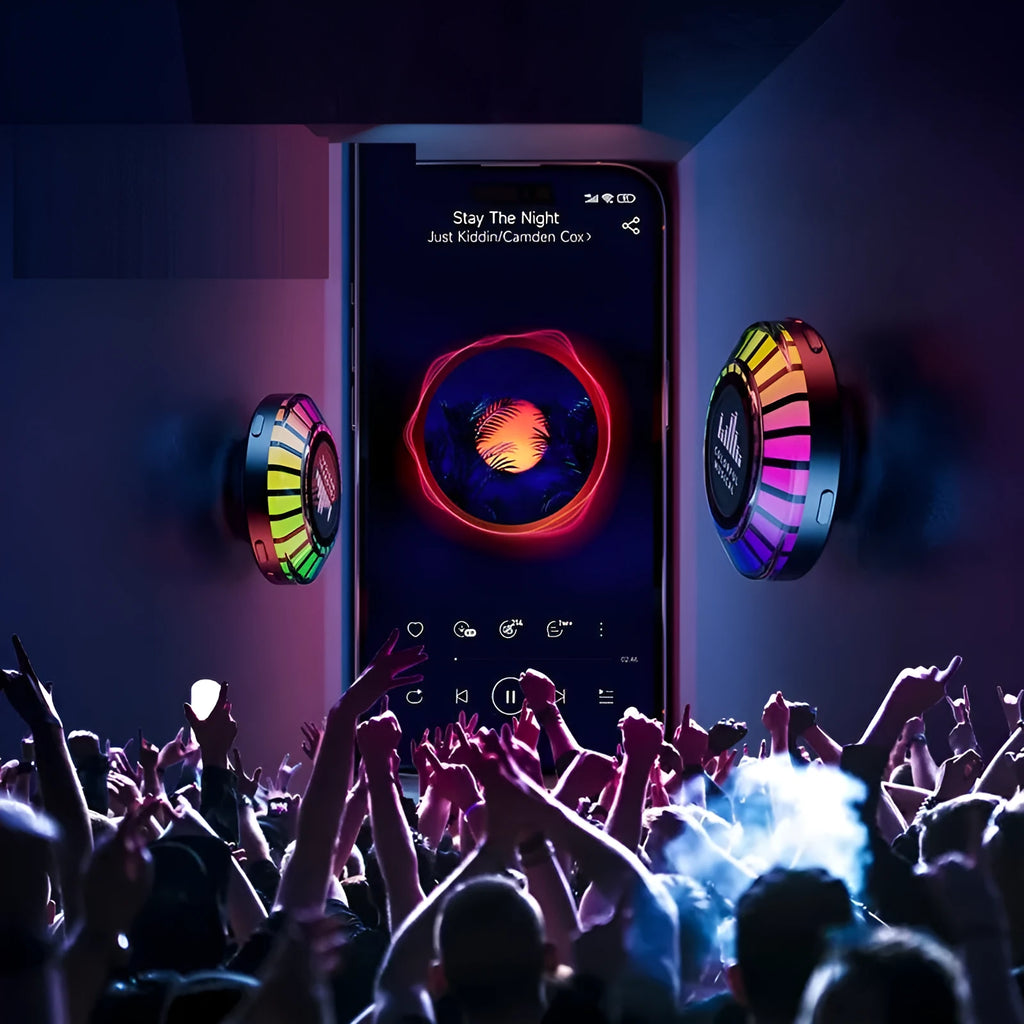 Compact cube-shaped voice control Bluetooth atmosphere lamp with polar LED light effect.