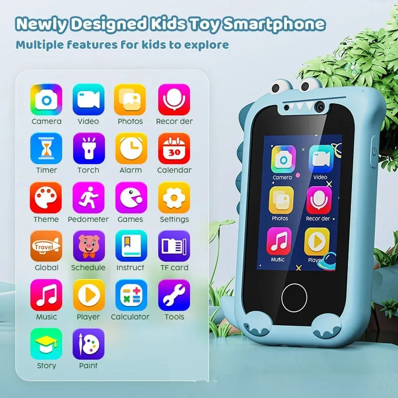 Blue silicone case educational mobile phone camera toy for children with touch screen and hang rope
