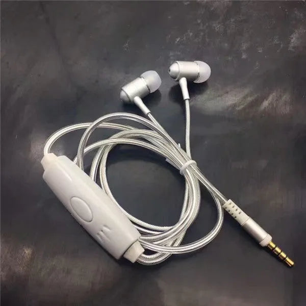 Blue wired LED light-up earphones with 3.5mm plug and inline remote control on a dark background.