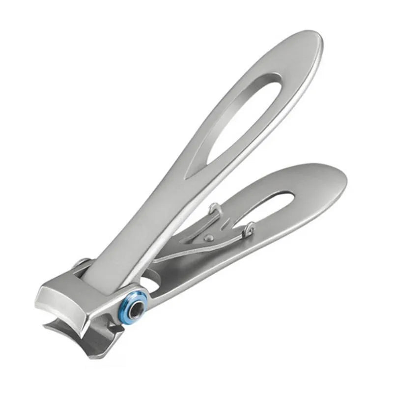 Silver stainless steel thick nail clippers with curved blades and ergonomic handle on white background