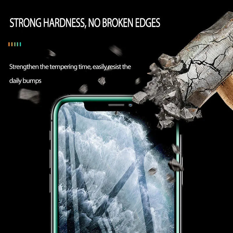 Luminous full cover tempered glass screen protector glowing in the dark for iPhone.