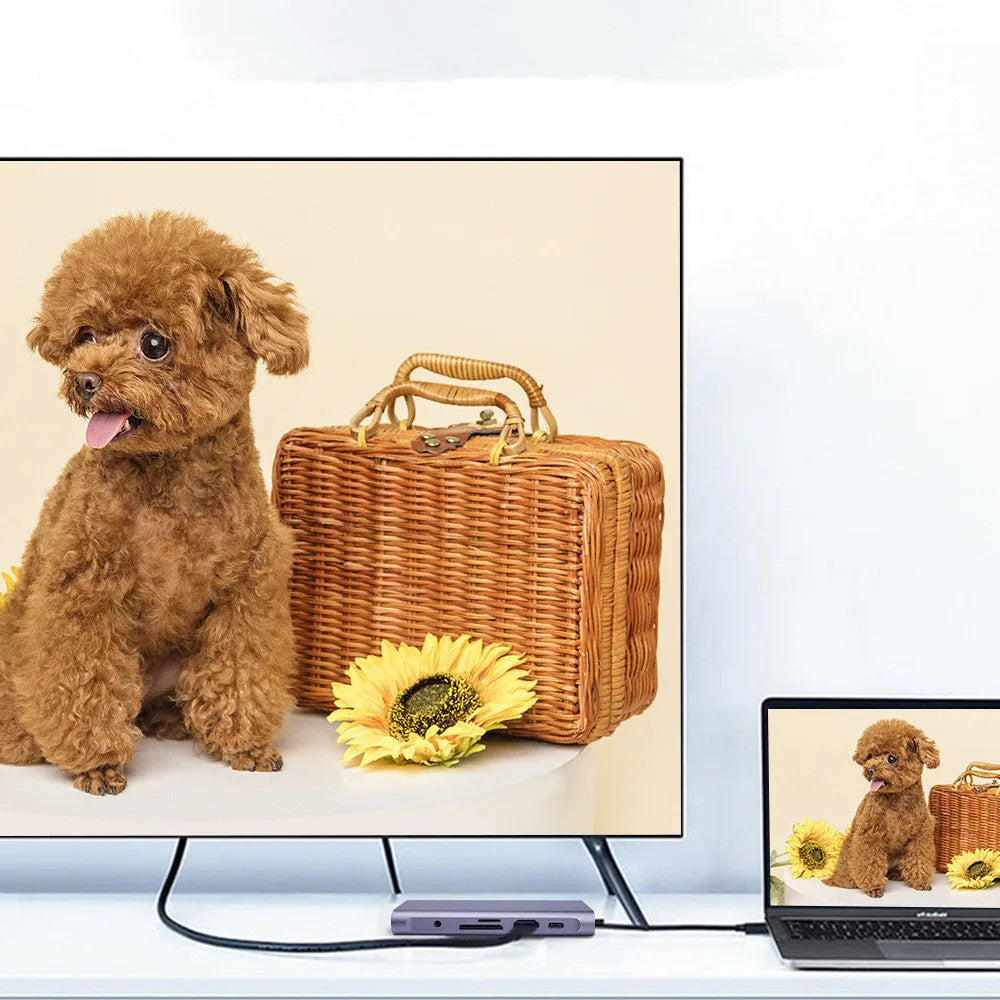 10-in-1 USB C docking hub and portable PD power bank compatible with Apple MacBook and iPhone.
