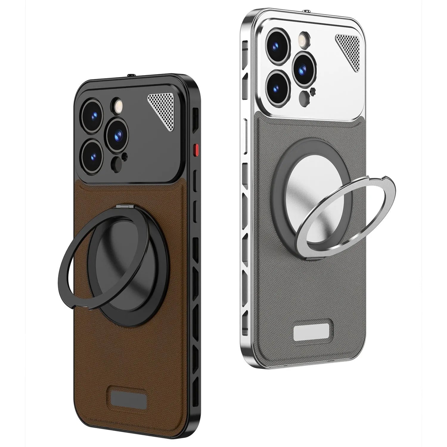 Two-in-one aluminium alloy phone case with leather spring fastener and rotating bracket in black and blue colour