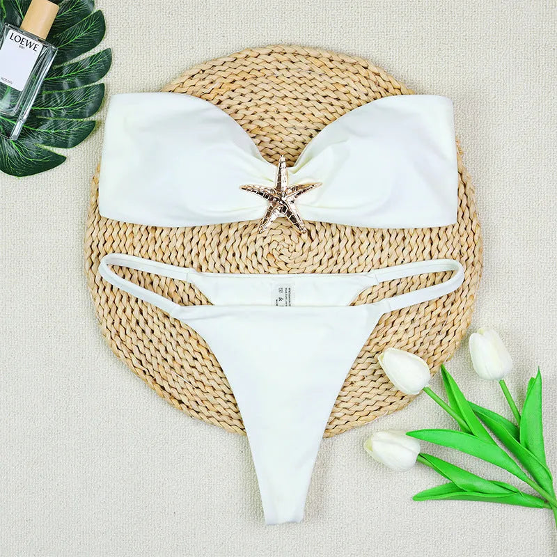 Women's tube top strap backless low waist bikini set in black white and blue nylon fabric with briefs style bottom