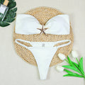 Women's tube top strap backless low waist bikini set in black white and blue nylon fabric with briefs style bottom