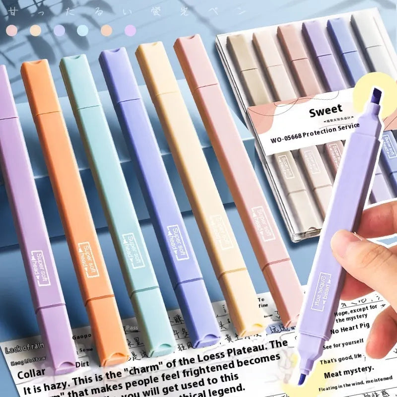 Double-headed fluorescent marking pen showing chisel and fine tips, with packs for Salt and Sweet series.