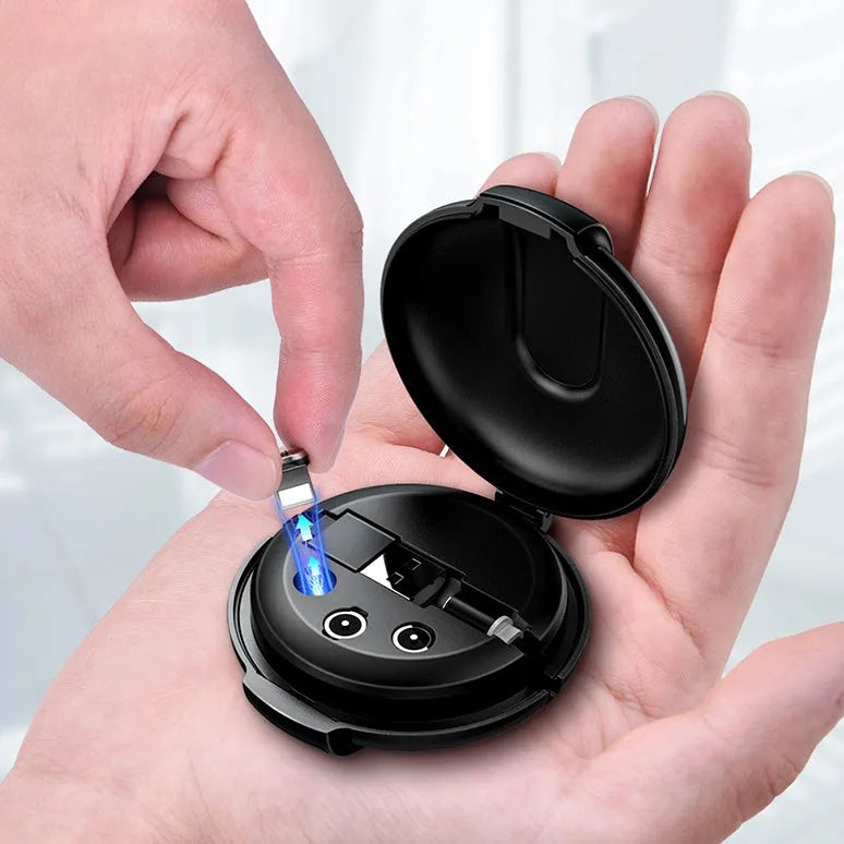 Black magnetic 3-in-1 car phone charger with retractable cable and vehicle mounting patch