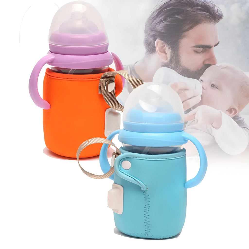 USB heated baby bottle warmer sleeve in blue, wrapped around a milk bottle showing its cotton and PC construction.