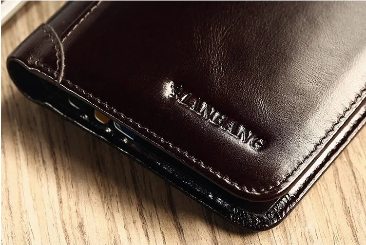Men's black genuine leather bifold wallet open, showing eight card slots and a zipped coin compartment.