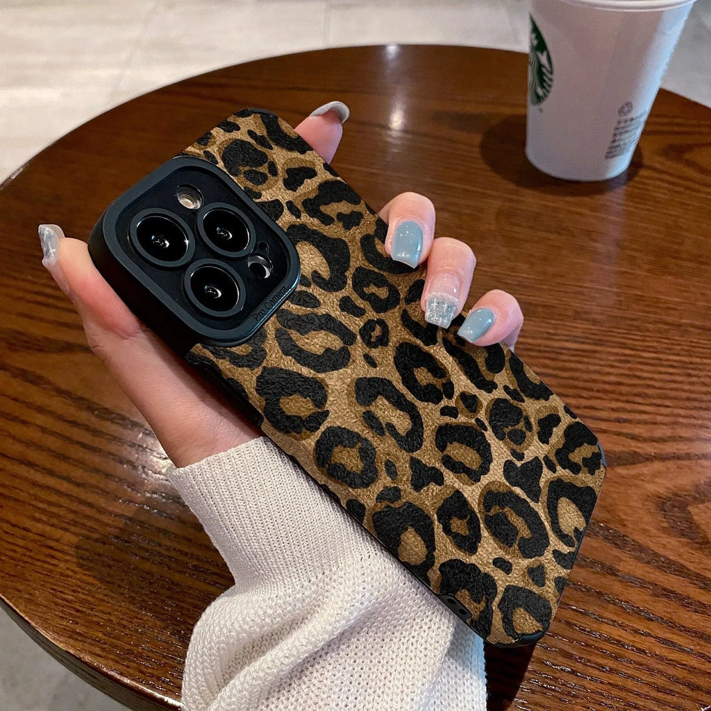 Gold leopard print all-inclusive imitation leather phone case for iPhone on a white background