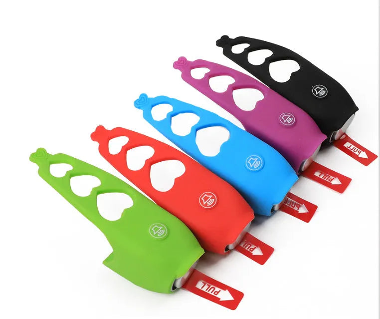 Electronic bicycle horn with plastic housing in six colour options showing compact dimensions for handlebar mounting