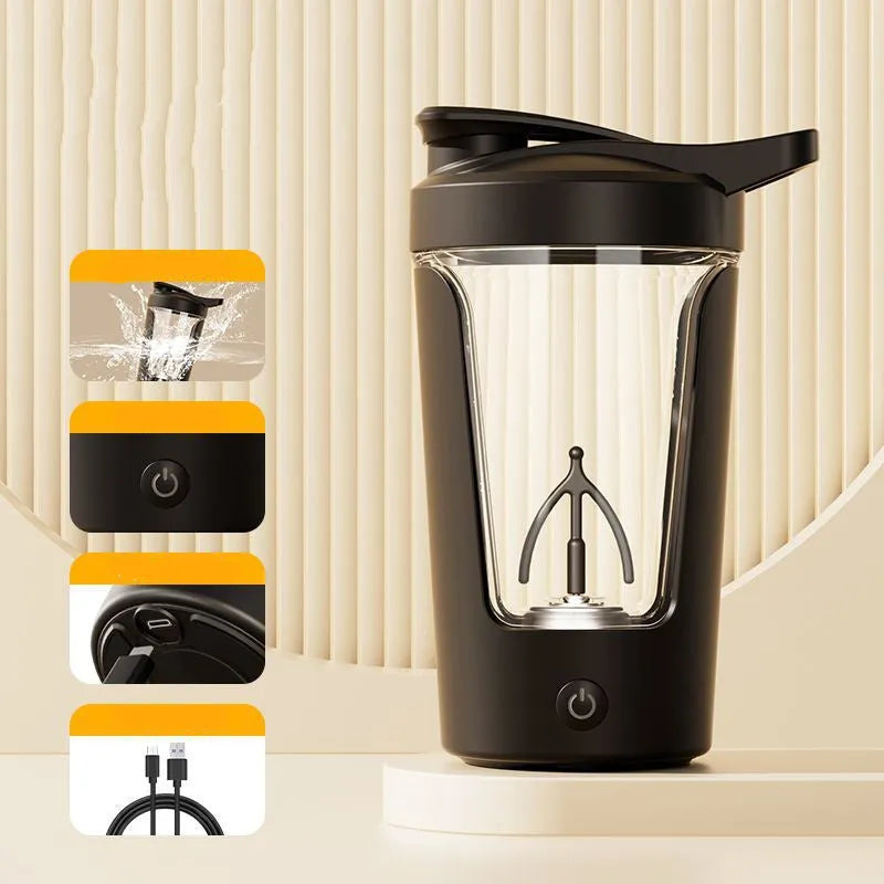 Black and silver electric protein shaker bottle with digital display and mixing blade inside