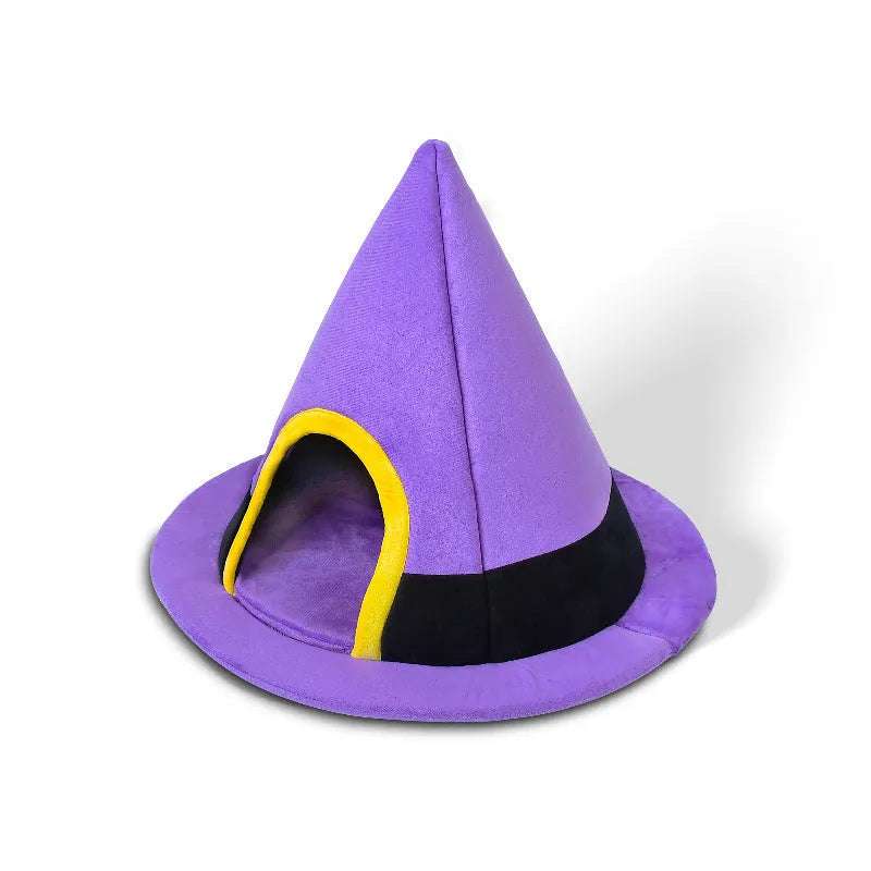 Purple cloth Halloween witch hat shaped cat bed for cats, measuring 60 by 45 centimetres.