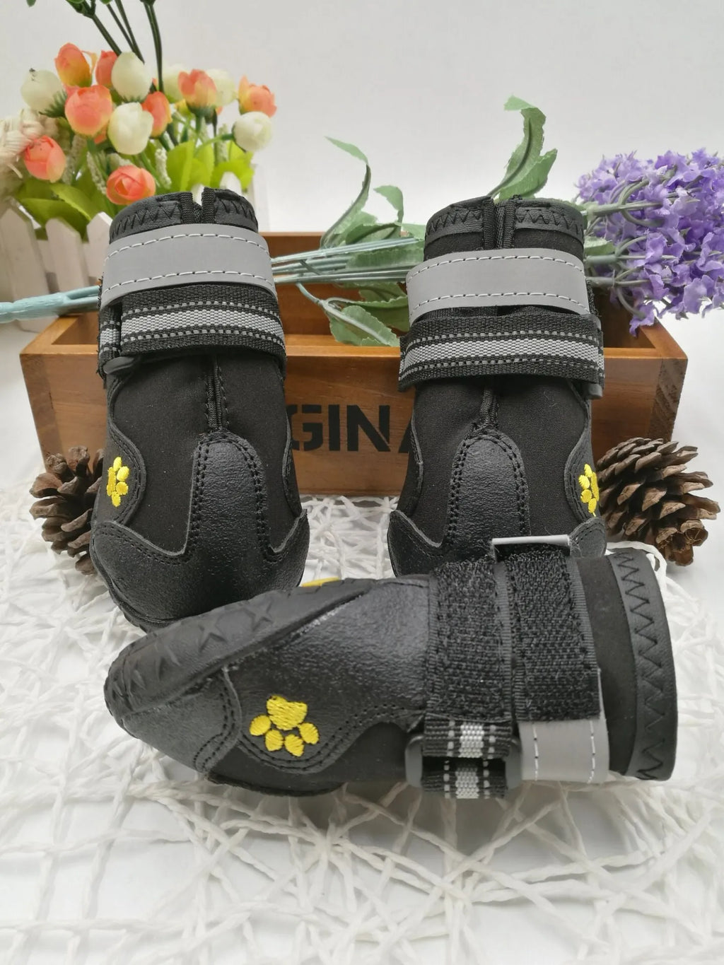 Black dog shoes with waterproof PVC sole and adjustable fuzzy strap, sizes 2-6, No1, No7, No8