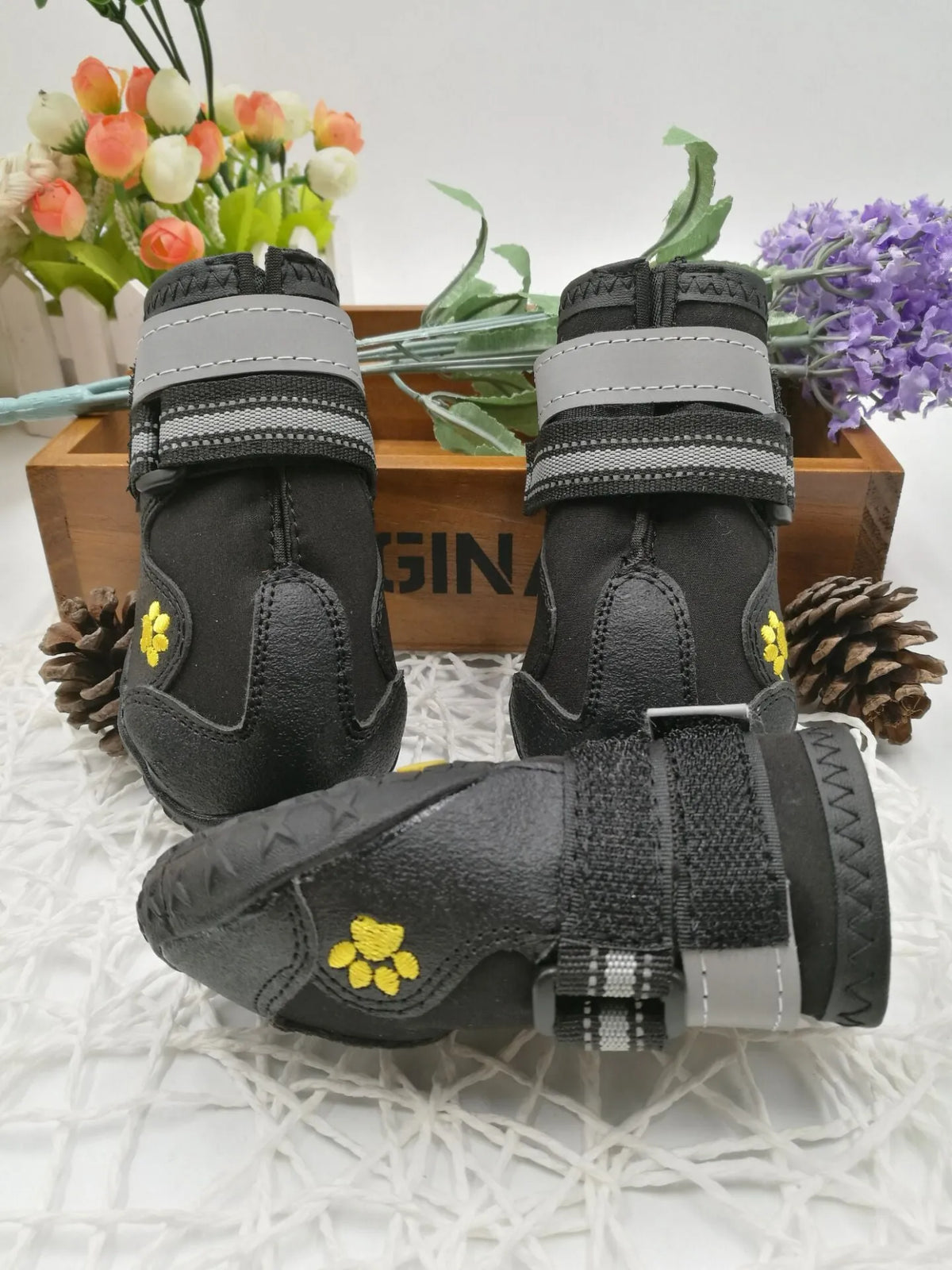 Black dog shoes with waterproof PVC sole and adjustable fuzzy strap, sizes 2-6, No1, No7, No8