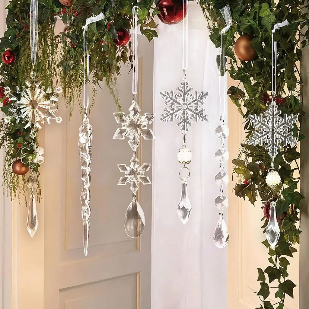10 clear acrylic ice cone Christmas tree hanging ornaments with white ribbons