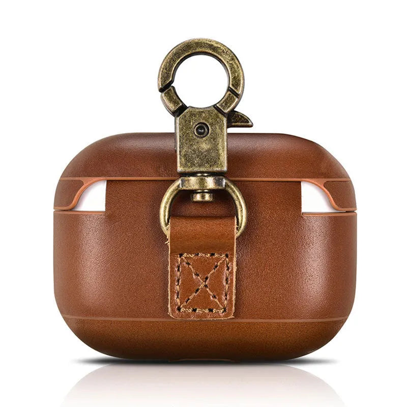 AirPods Pro protective sleeve flip case with ring buckle in brown plastic and leather